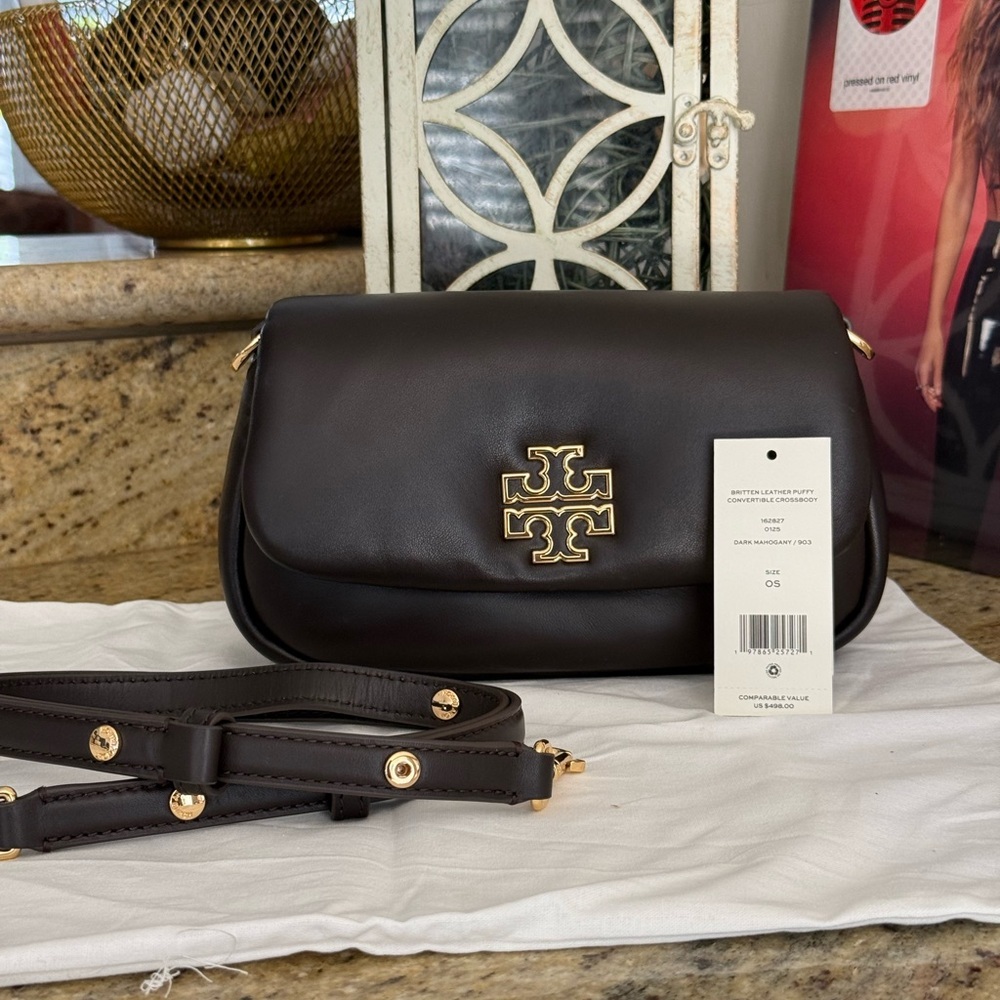 NEw tory burch BRITTEN LEATHER PUFFY CONVERTIBLE CROSSBODY DARK MAHOGANY - Picture 12 of 12